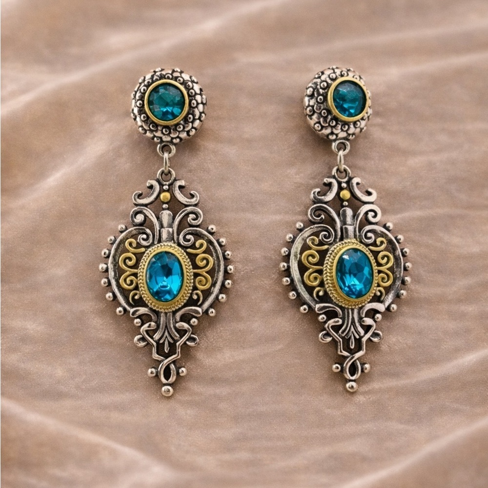 Vintage Silver Blue Crystal Gold Filigree Earrings